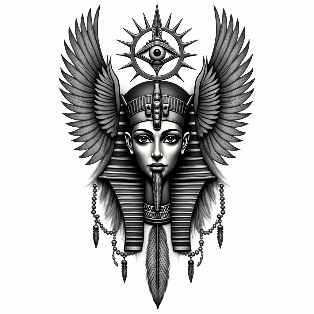 Dreamcatcher with feathersin egyptian style tattoo, bold elements of ancient egyptian culture including a portrait of an Egyptian pharaoh with detailed facial features, in hieroglyphs and symbolic imagery, eye of horus, ankh symbol, scarab beetle