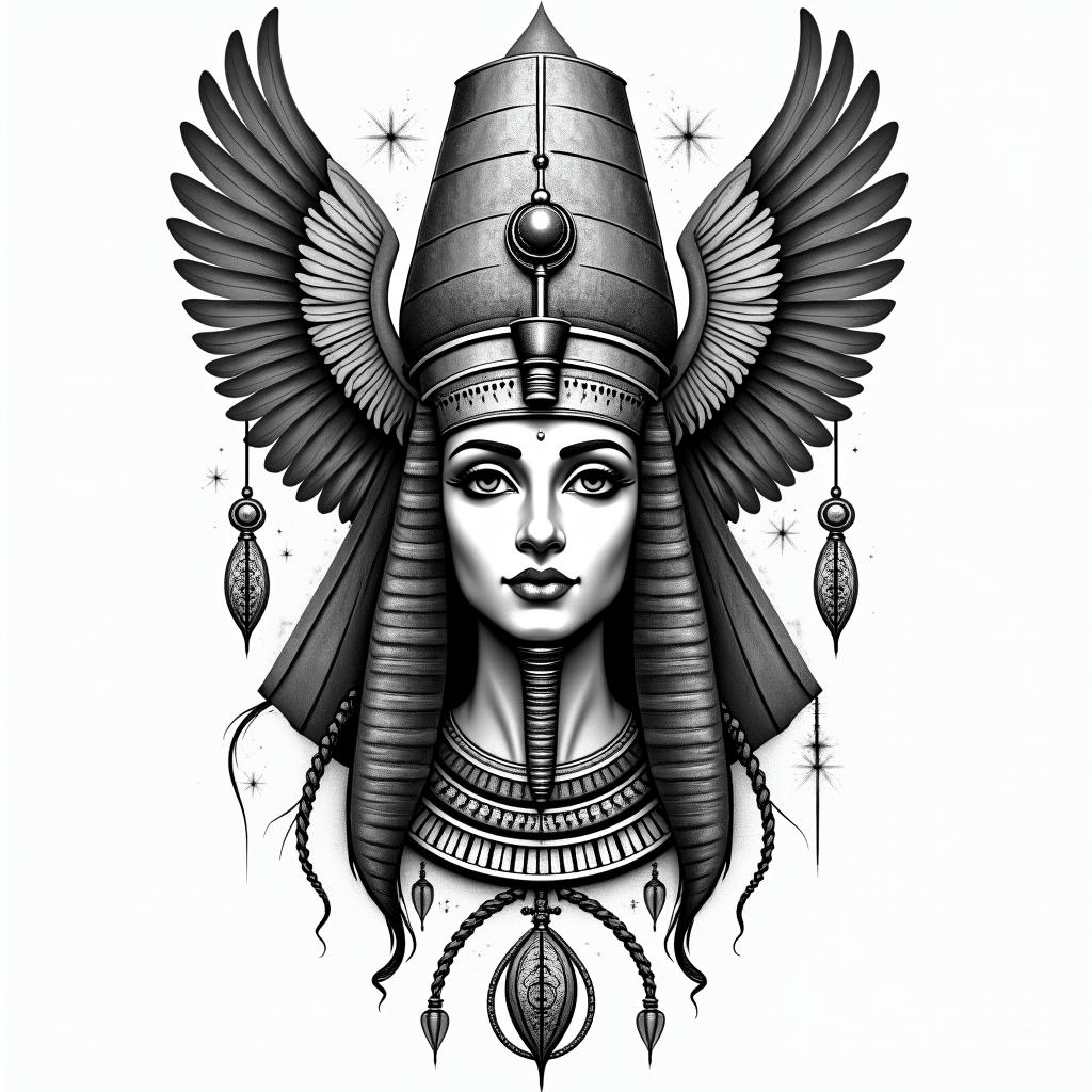 Dreamcatcher with feathersin egyptian style tattoo, bold elements of ancient egyptian culture including a portrait of an Egyptian pharaoh with detailed facial features, in hieroglyphs and symbolic imagery, eye of horus, ankh symbol, scarab beetle - Variation 3