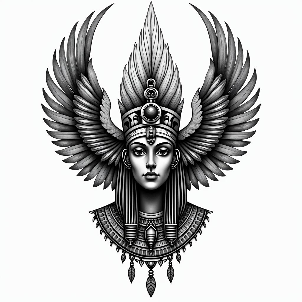 Dreamcatcher with feathersin egyptian style tattoo, bold elements of ancient egyptian culture including a portrait of an Egyptian pharaoh with detailed facial features, in hieroglyphs and symbolic imagery, eye of horus, ankh symbol, scarab beetle - Variation 2