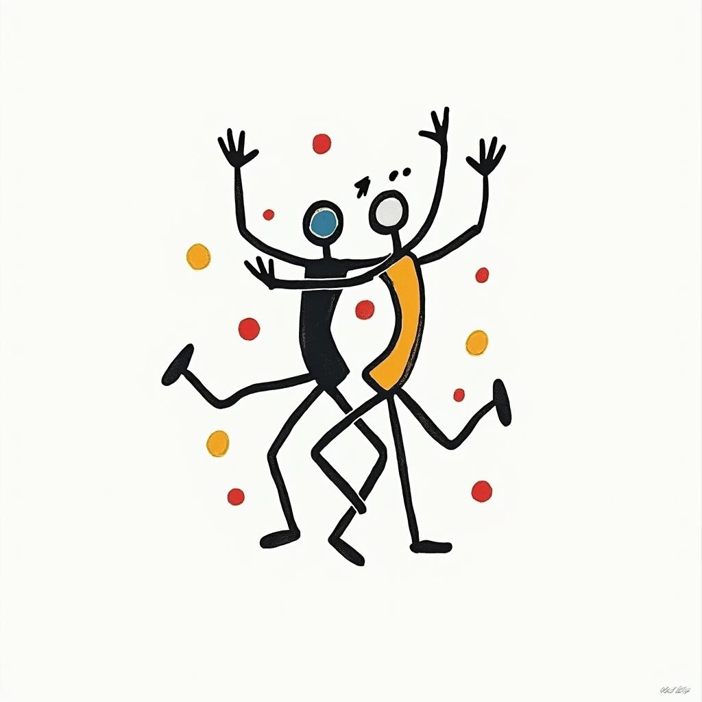 Microabstract dancing figures in Keith Haring style, featuring bold black outlines and solid color fills, figures posed in dynamic and playful dance movements, minimalist design