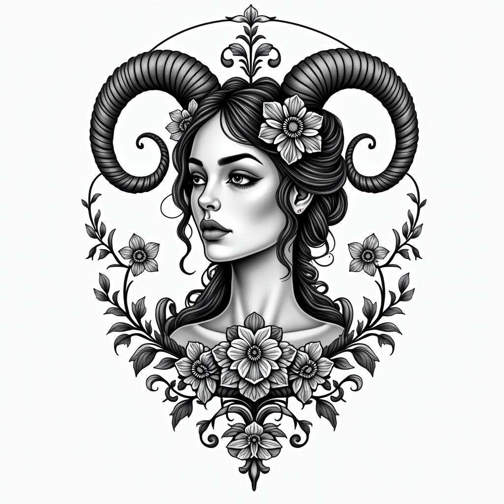 Strong woman, black woman, affection, Aries, knowledgein ornamental tattoo style, featuring intricate symmetrical patterns and floral designs, showcasing highly detailed line work and geometric shapes, creating a sense of elegance and balance