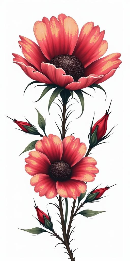 Blood flowers and thorns longin realism tattoo style, featuring a highly detailed, lifelike, capturing every detail, photorealistic, ultra realistic, intricate shading, smooth and sharp, - Variation 3