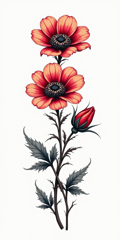 Blood flowers and thorns longin realism tattoo style, featuring a highly detailed, lifelike, capturing every detail, photorealistic, ultra realistic, intricate shading, smooth and sharp, - Variation 2