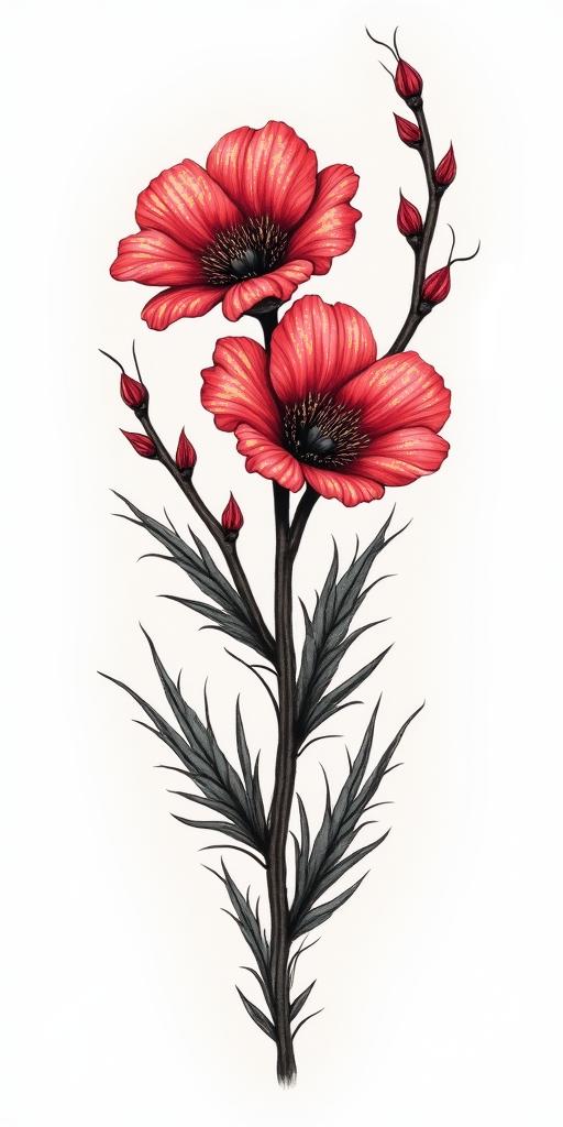Blood flowers and thorns longin realism tattoo style, featuring a highly detailed, lifelike, capturing every detail, photorealistic, ultra realistic, intricate shading, smooth and sharp,