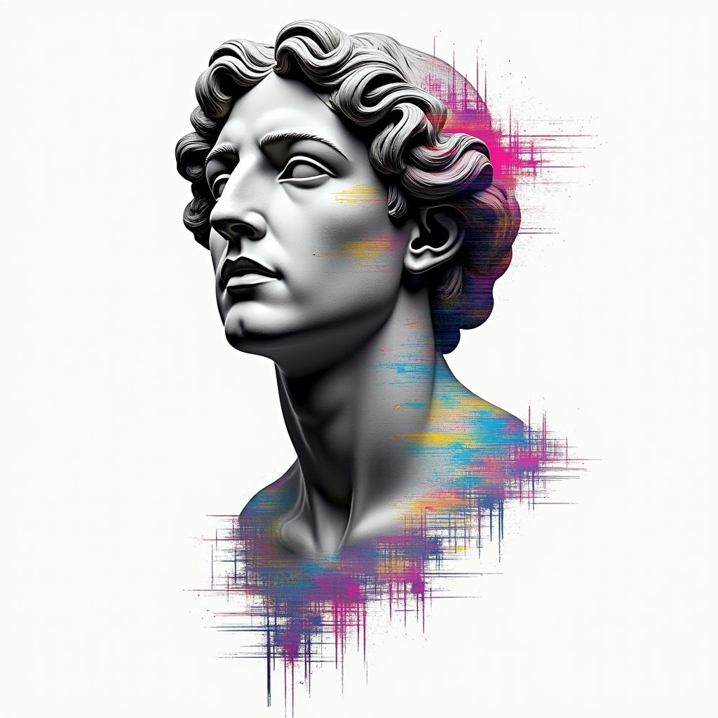 Shinedown album coverin distorted and fragmented tattoo design, featuring a classical statue bust, in a glitch art style with vibrant, overlapping colors of cyan, magenta, and yellow, creating a digital distortion effect
