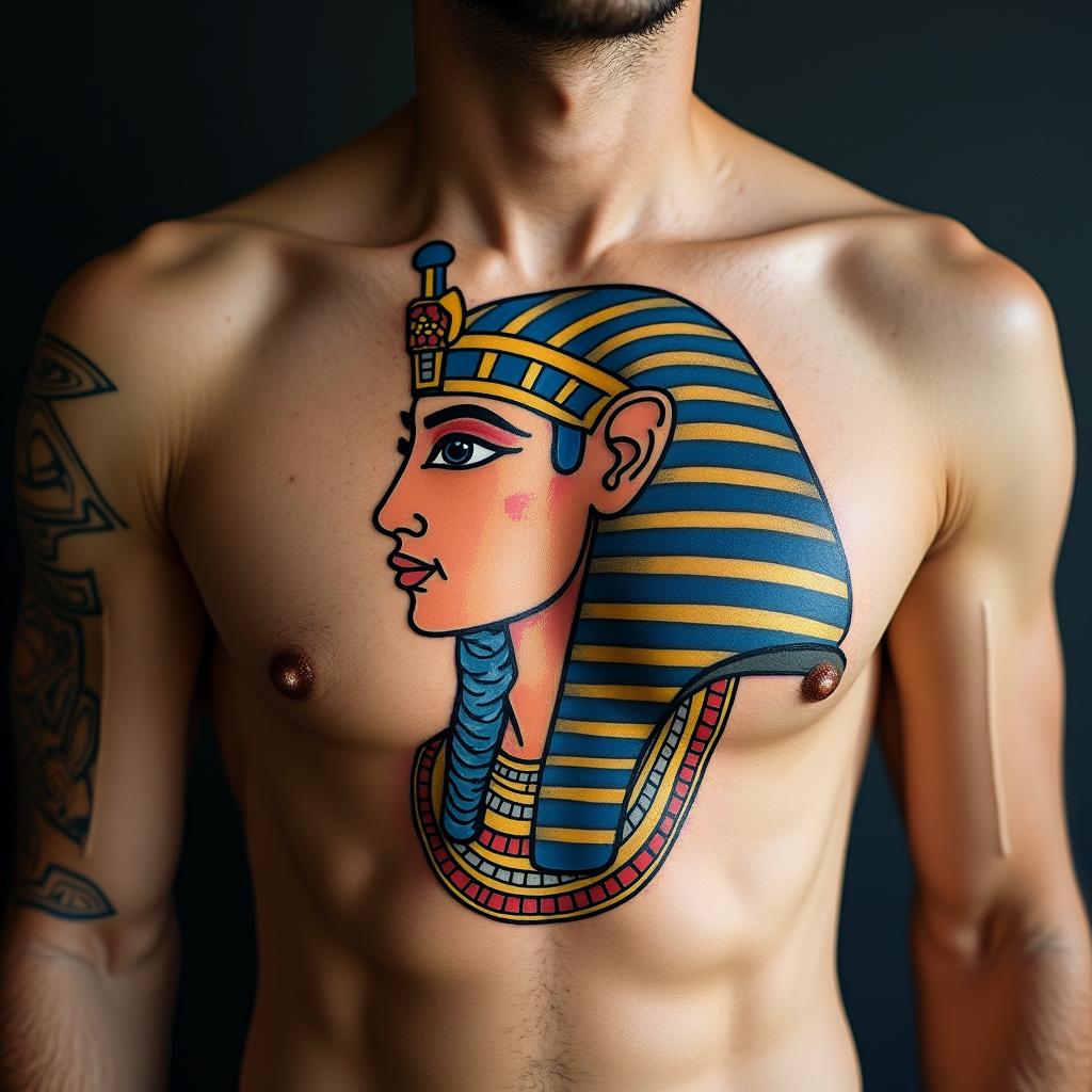 Eric Colbung, 19/06/1990, Gemini, Perth Australiain egyptian style tattoo, bold elements of ancient egyptian culture including a portrait of an Egyptian pharaoh with detailed facial features, in hieroglyphs and symbolic imagery, eye of horus, ankh symbol, scarab beetle - Variation 2