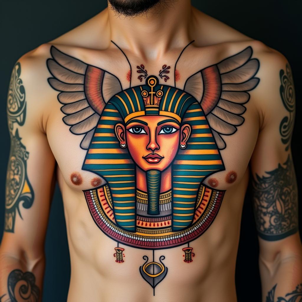 Eric Colbung, 19/06/1990, Gemini, Perth Australiain egyptian style tattoo, bold elements of ancient egyptian culture including a portrait of an Egyptian pharaoh with detailed facial features, in hieroglyphs and symbolic imagery, eye of horus, ankh symbol, scarab beetle - Variation 3
