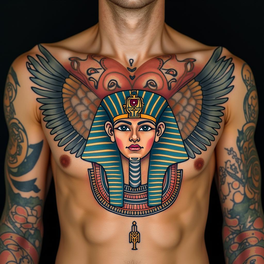 Eric Colbung, 19/06/1990, Gemini, Perth Australiain egyptian style tattoo, bold elements of ancient egyptian culture including a portrait of an Egyptian pharaoh with detailed facial features, in hieroglyphs and symbolic imagery, eye of horus, ankh symbol, scarab beetle - Variation 4