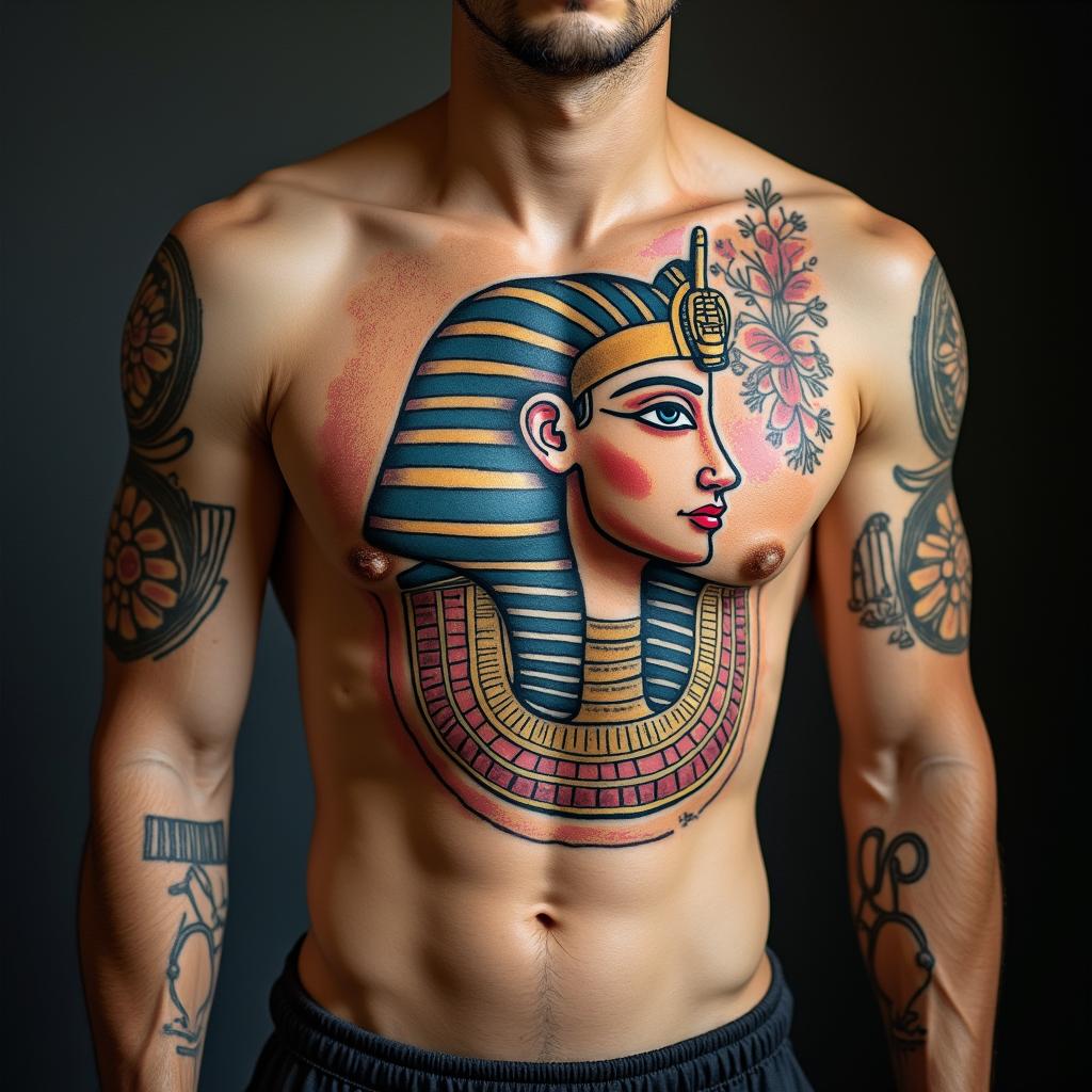 Eric Colbung, 19/06/1990, Gemini, Perth Australiain egyptian style tattoo, bold elements of ancient egyptian culture including a portrait of an Egyptian pharaoh with detailed facial features, in hieroglyphs and symbolic imagery, eye of horus, ankh symbol, scarab beetle