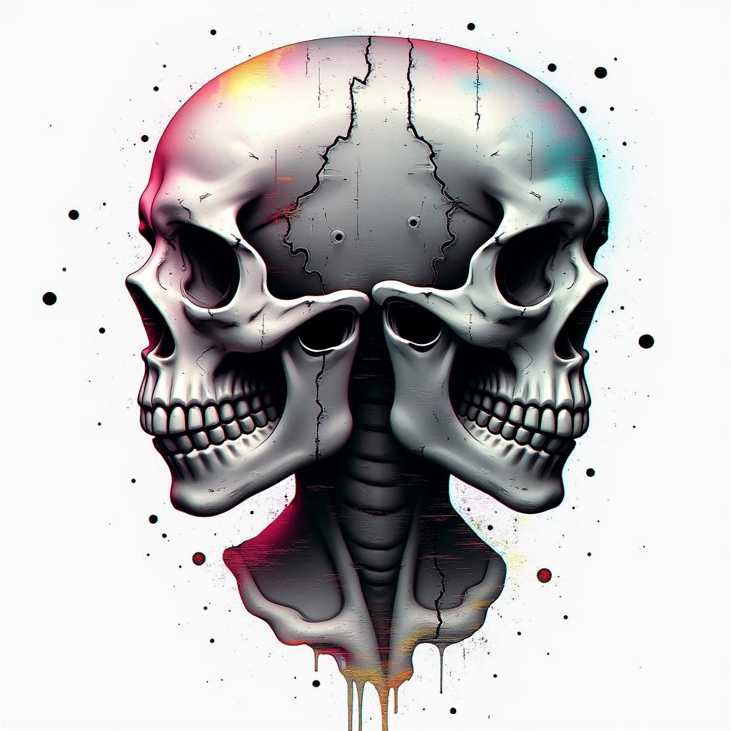 Eerie skullsin distorted and fragmented tattoo design, featuring a classical statue bust, in a glitch art style with vibrant, overlapping colors of cyan, magenta, and yellow, creating a digital distortion effect - Variation 4
