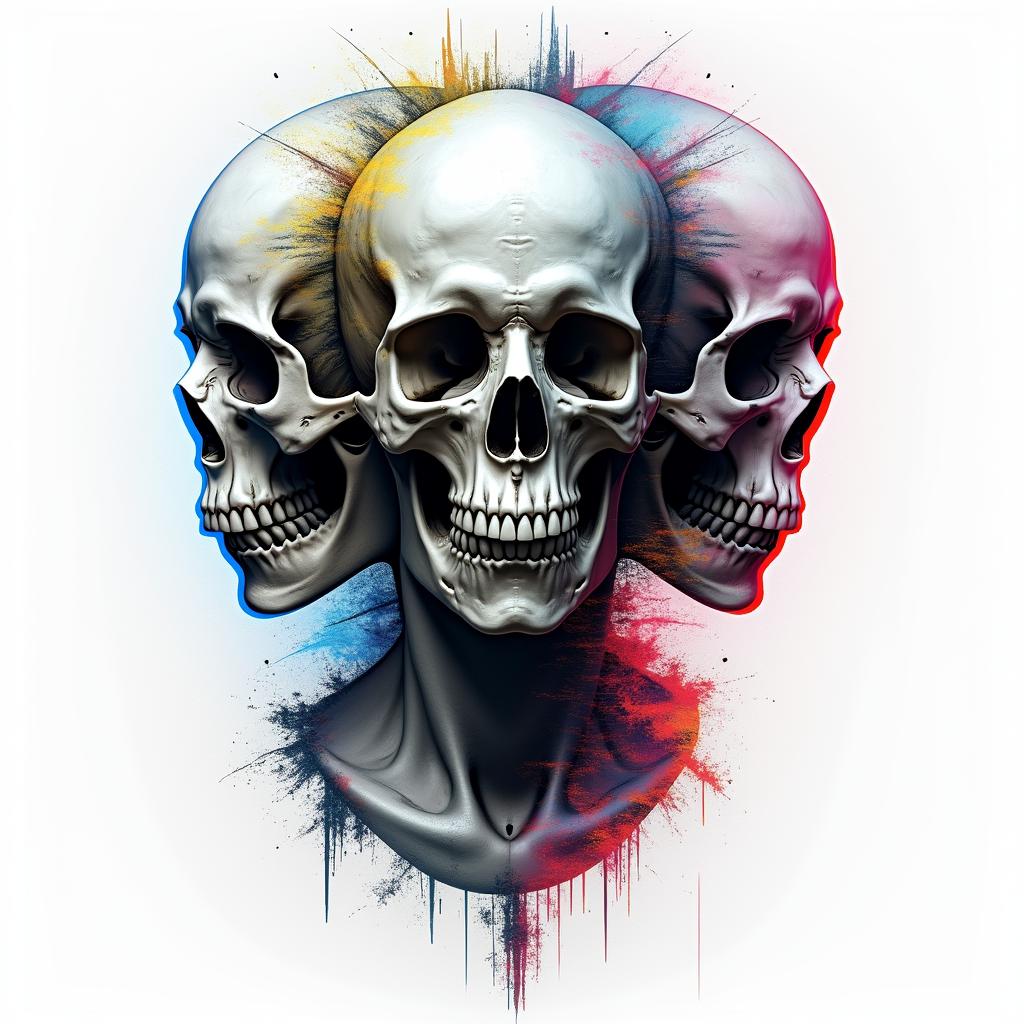 Eerie skullsin distorted and fragmented tattoo design, featuring a classical statue bust, in a glitch art style with vibrant, overlapping colors of cyan, magenta, and yellow, creating a digital distortion effect - Variation 2