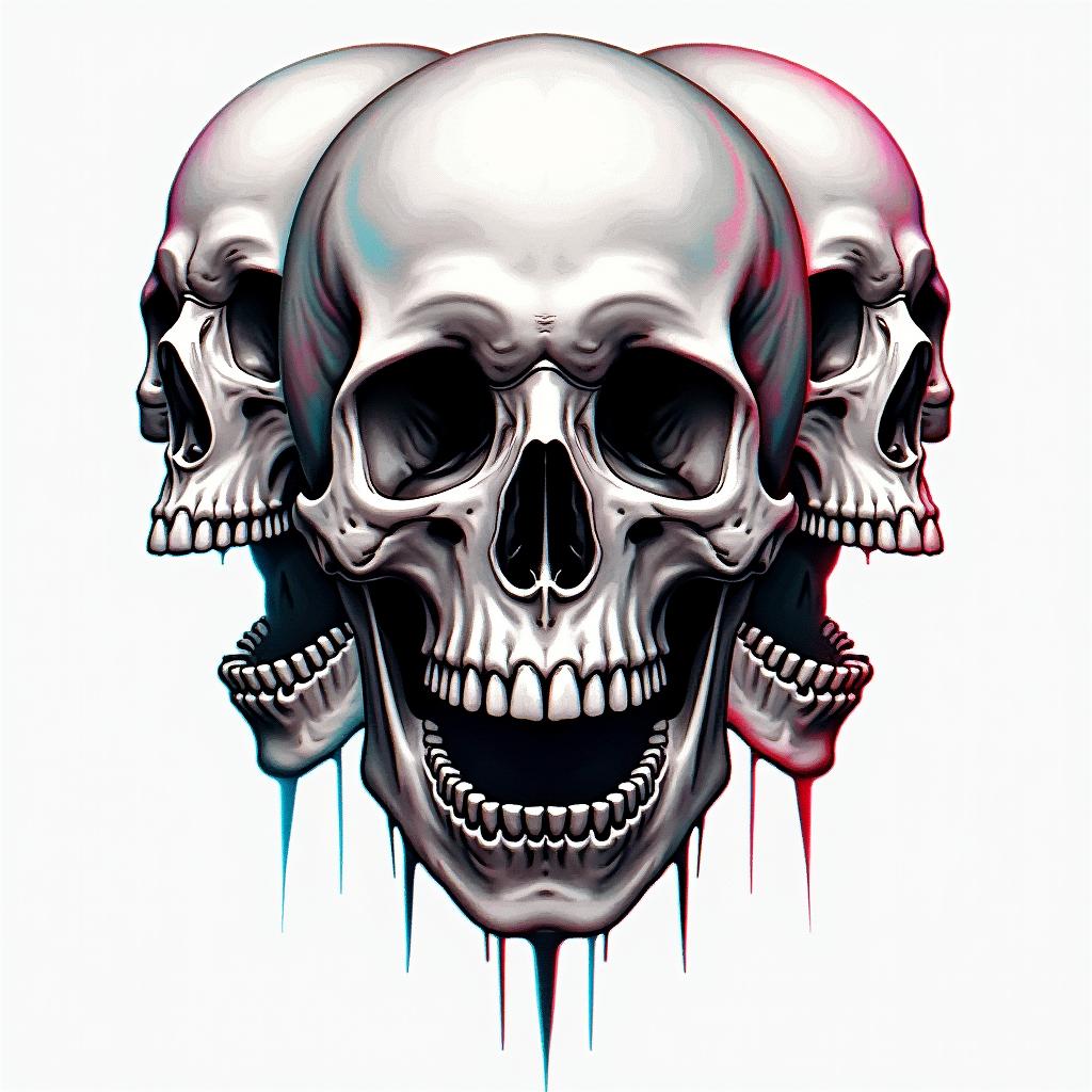 Eerie skullsin distorted and fragmented tattoo design, featuring a classical statue bust, in a glitch art style with vibrant, overlapping colors of cyan, magenta, and yellow, creating a digital distortion effect
