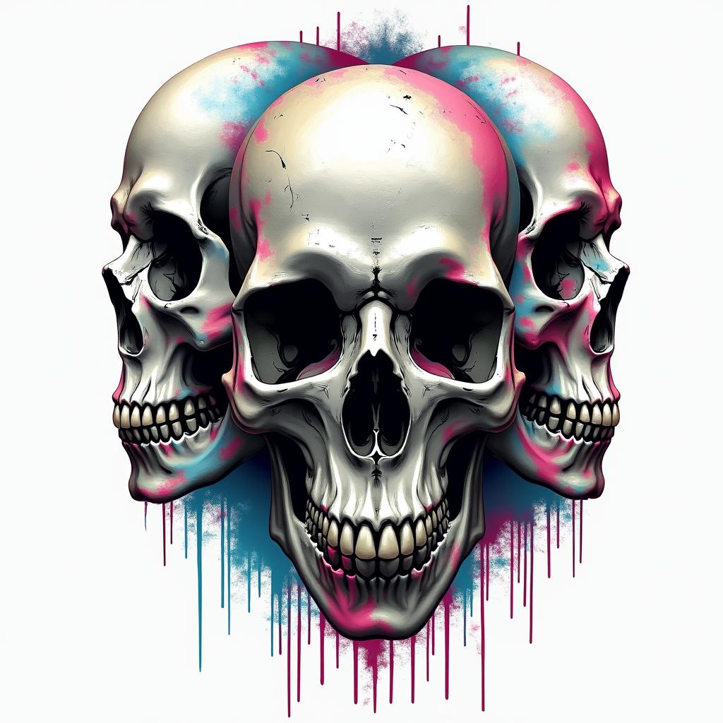Eerie skullsin distorted and fragmented tattoo design, featuring a classical statue bust, in a glitch art style with vibrant, overlapping colors of cyan, magenta, and yellow, creating a digital distortion effect - Variation 3
