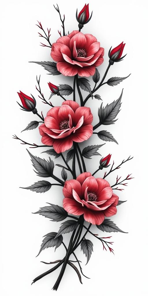 Blood flowers and thorns swirling only colour for bloodin realism tattoo style, featuring a highly detailed, lifelike, capturing every detail, photorealistic, ultra realistic, intricate shading, smooth and sharp, - Variation 5