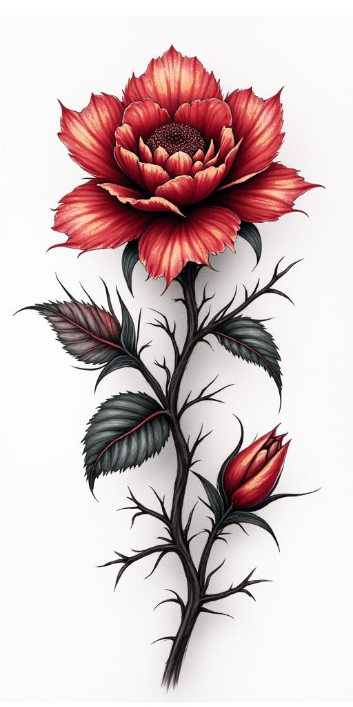 Blood flowers and thorns swirling only colour for bloodin realism tattoo style, featuring a highly detailed, lifelike, capturing every detail, photorealistic, ultra realistic, intricate shading, smooth and sharp,