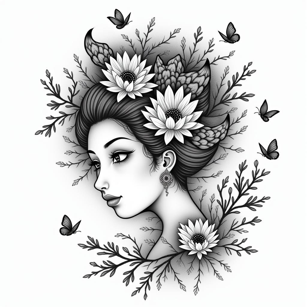 Ieshia with flowers butterfliesin japanese style tattoo, detailed tattoo, traditional japanese culture tattoo, mythology, 8k - Variation 4