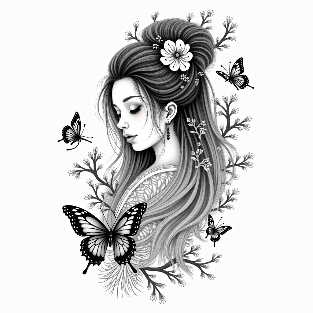 Ieshia with flowers butterfliesin japanese style tattoo, detailed tattoo, traditional japanese culture tattoo, mythology, 8k - Variation 2