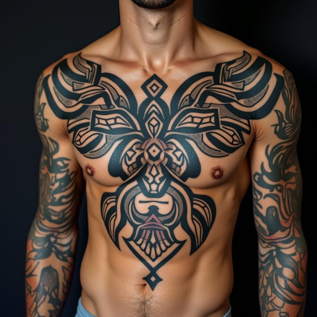 Eric Colbung, 19/06/1990, Gemini, Perth Australiain tribal tattoo style, featuring bold and black geometric shapes, curved lines, intertwine and flow seamlessly, creating a powerful and symbolic design, polynesian and maori styles - Variation 4