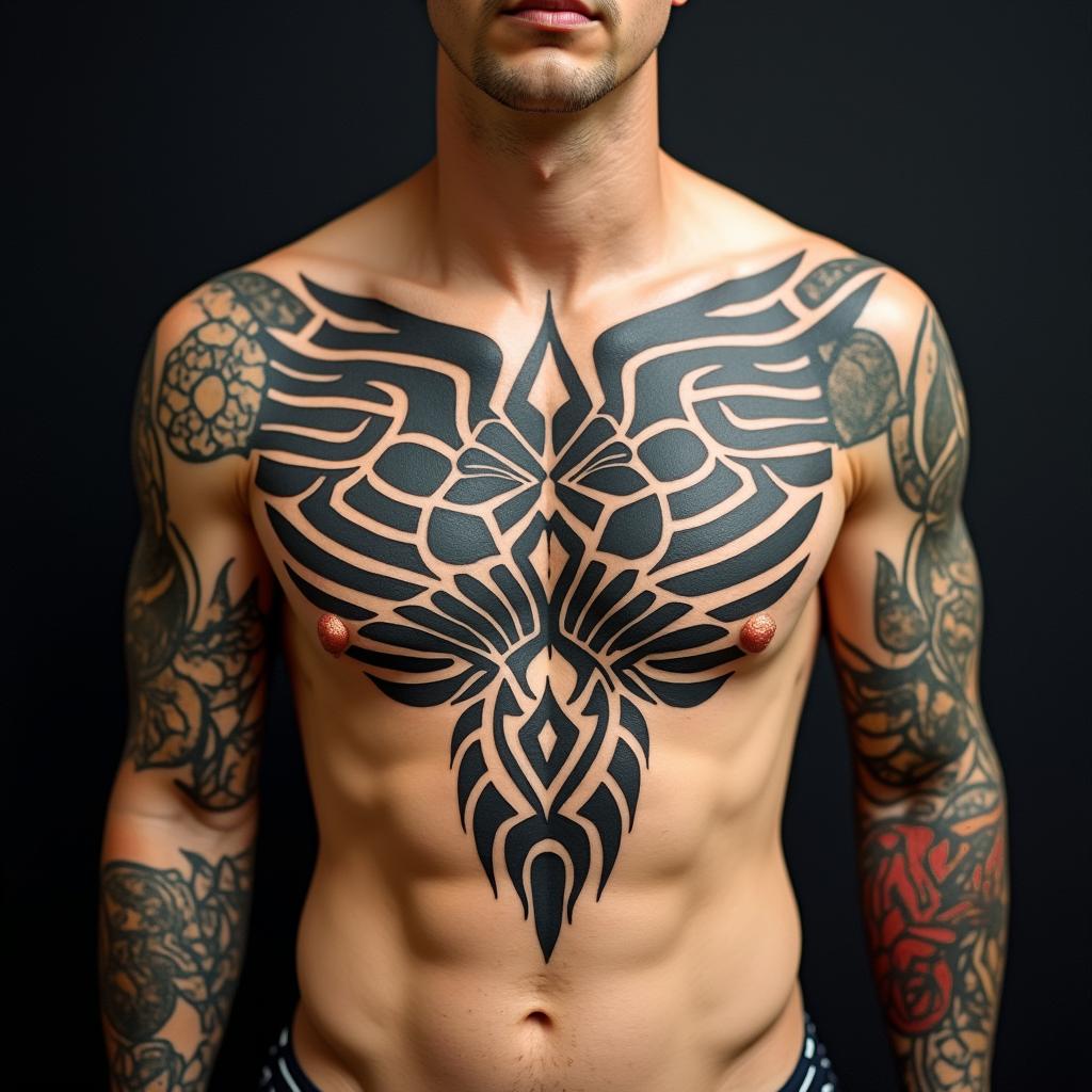 Eric Colbung, 19/06/1990, Gemini, Perth Australiain tribal tattoo style, featuring bold and black geometric shapes, curved lines, intertwine and flow seamlessly, creating a powerful and symbolic design, polynesian and maori styles