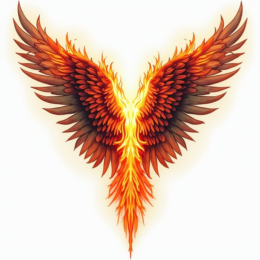 Angel wings with detailed feathersin flame tattoo style showcasing fiery elements with dynamic flame patterns, glowing effect of flames, natural colors