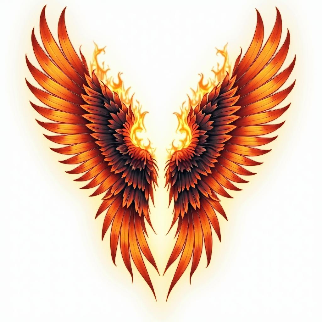Angel wings with detailed feathersin flame tattoo style showcasing fiery elements with dynamic flame patterns, glowing effect of flames, natural colors - Variation 3