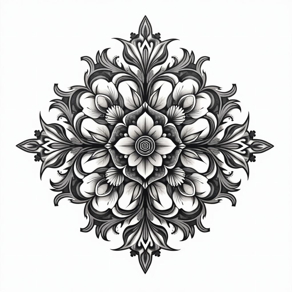 A chocolate bar in side of a cakein ornamental tattoo style, featuring intricate symmetrical patterns and floral designs, showcasing highly detailed line work and geometric shapes, creating a sense of elegance and balance