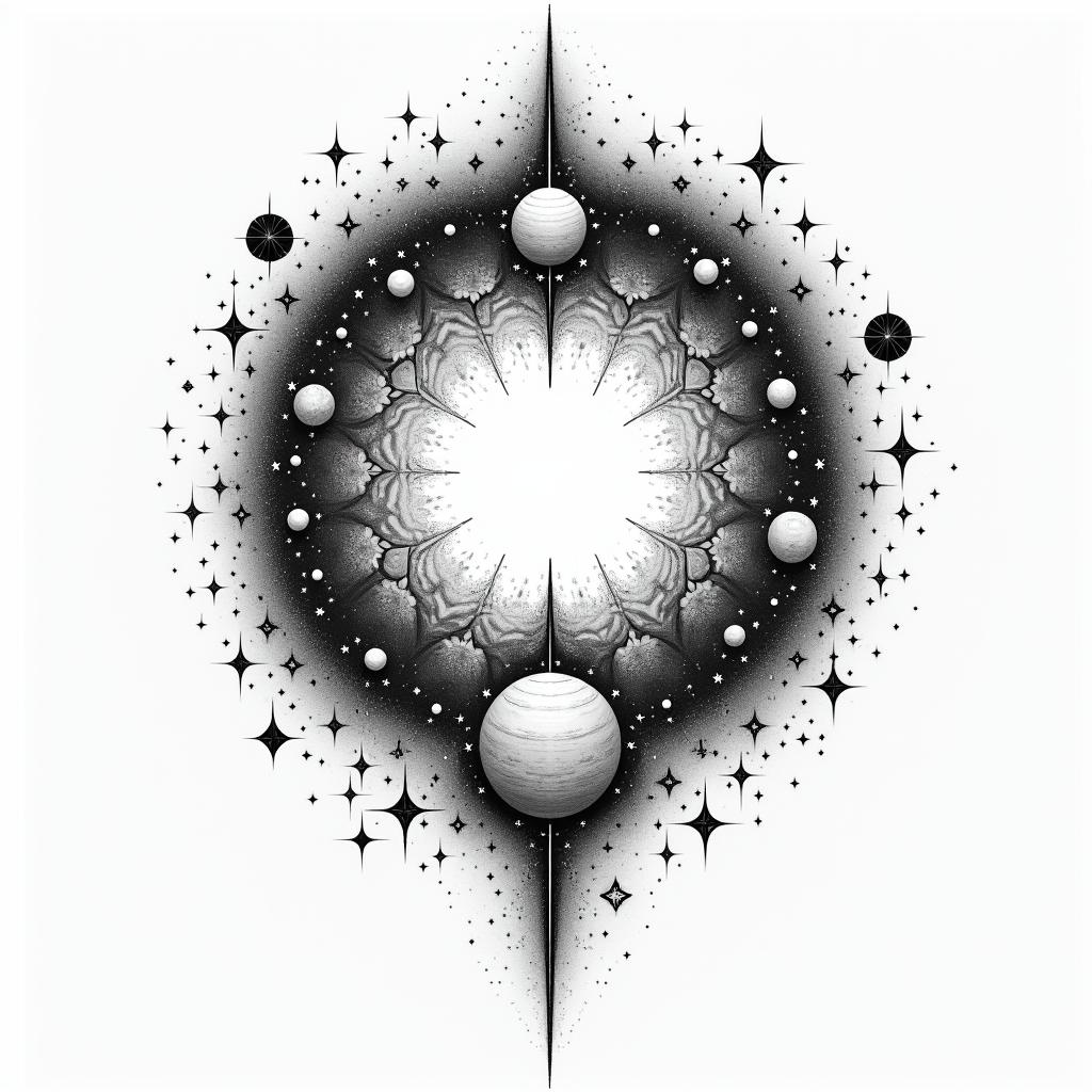 Spiral galaxy with stars and planetsin japanese style tattoo, detailed tattoo, traditional japanese culture tattoo, mythology, 8k