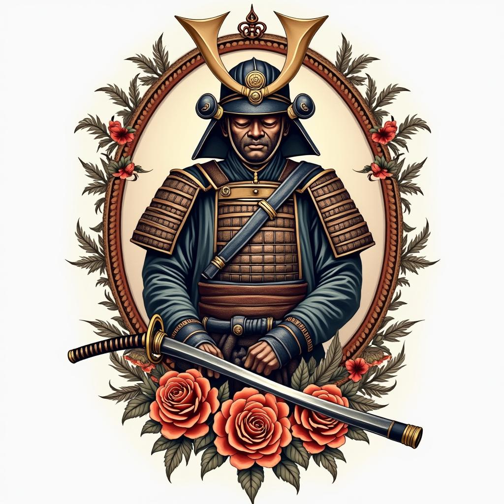 Samurai with a katanain victorian style tattoo, featuring vintage and elegant elements, ornate frames, roses, antique, sepia-toned color scheme - Variation 15