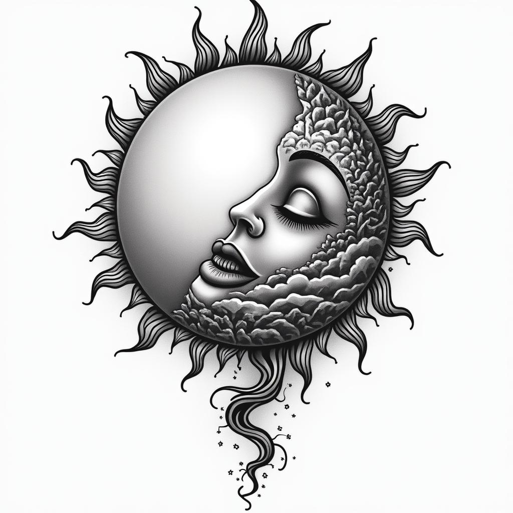 Sun and moon intertwined, glowingtext-based tattoo, japanese font ultra-realistic, perfectly placed, high-quality font design, photo-realistic shading, 8k, high quality, finely detailed typograph