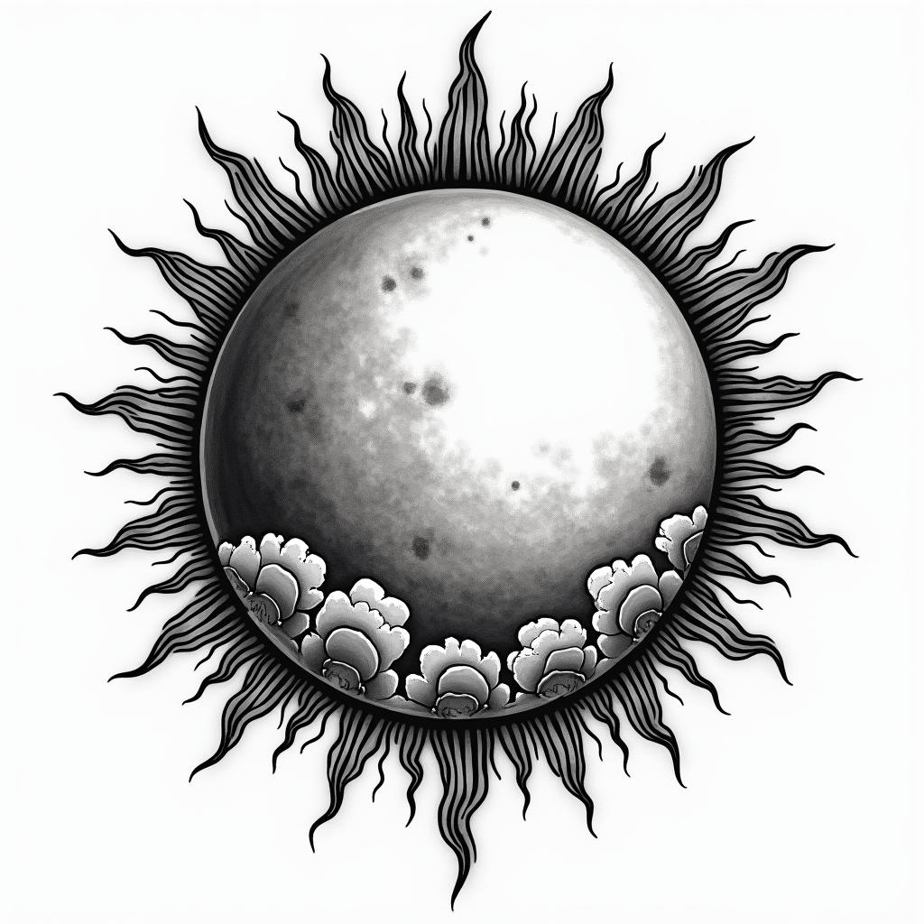 Sun and moon intertwined, glowingtext-based tattoo, japanese font ultra-realistic, perfectly placed, high-quality font design, photo-realistic shading, 8k, high quality, finely detailed typograph - Variation 4