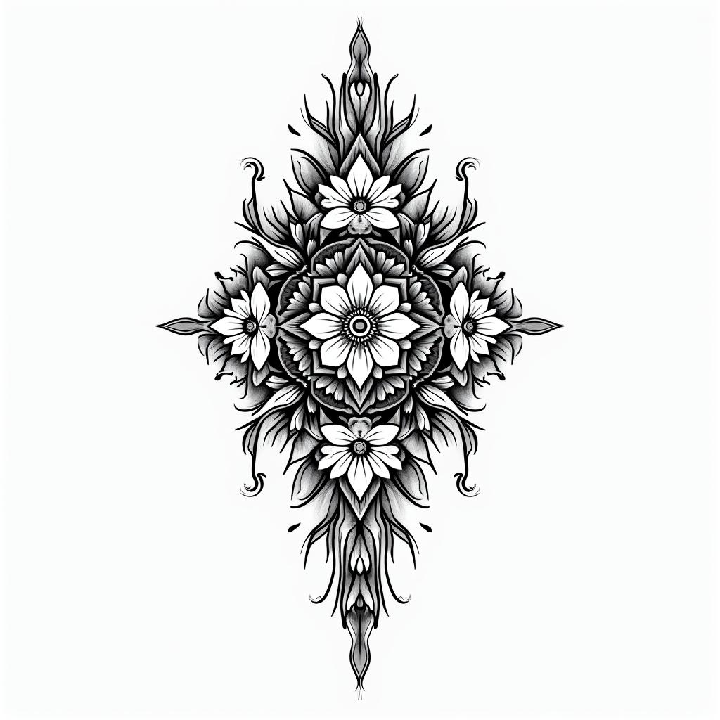 Geminiin ornamental tattoo style, featuring intricate symmetrical patterns and floral designs, showcasing highly detailed line work and geometric shapes, creating a sense of elegance and balance - Variation 3