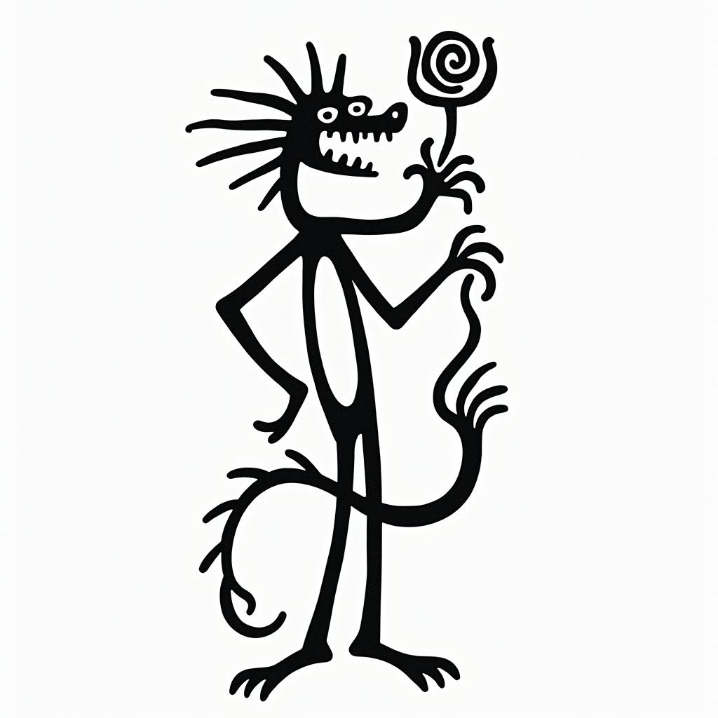 Dragon with a roseabstract dancing figures in Keith Haring style, featuring bold black outlines and solid color fills, figures posed in dynamic and playful dance movements, minimalist design - Variation 2