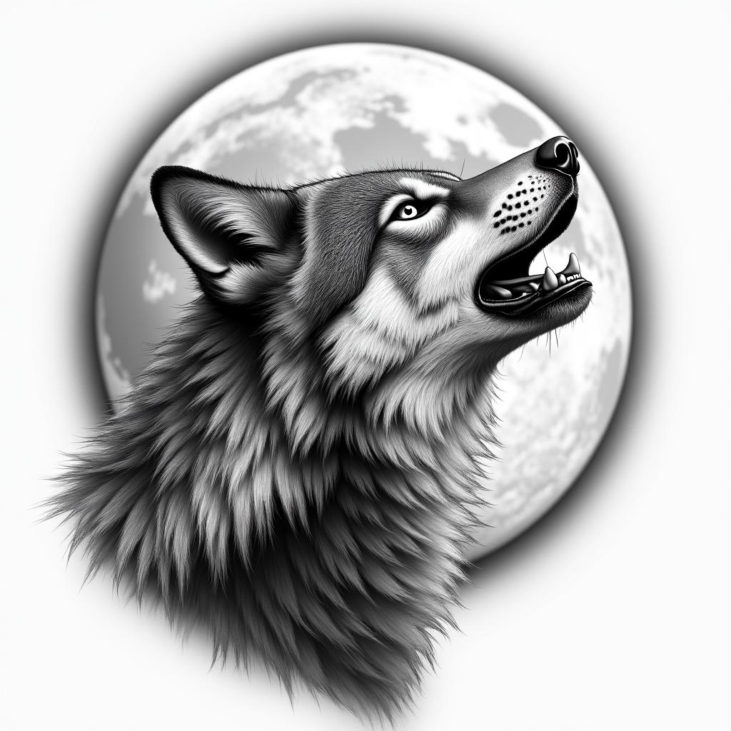 Howling wolf under a full moonin realism tattoo style, featuring a highly detailed, lifelike, capturing every detail, photorealistic, ultra realistic, intricate shading, smooth and sharp,   - Variation 2