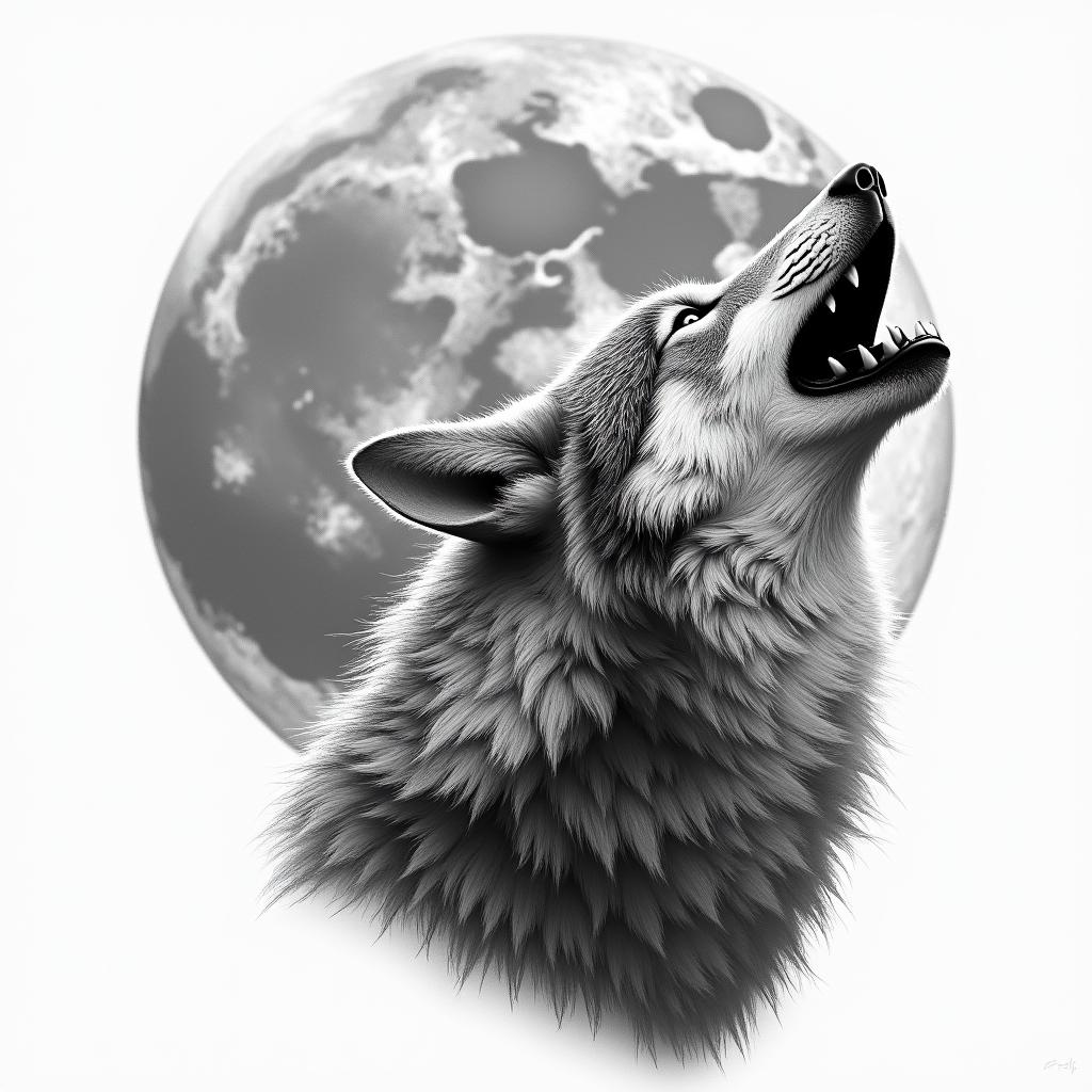 Howling wolf under a full moonin realism tattoo style, featuring a highly detailed, lifelike, capturing every detail, photorealistic, ultra realistic, intricate shading, smooth and sharp,   - Variation 4