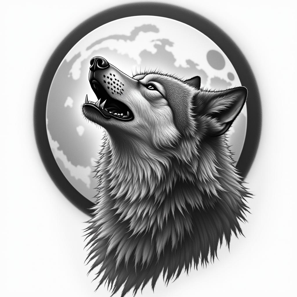 Howling wolf under a full moonin realism tattoo style, featuring a highly detailed, lifelike, capturing every detail, photorealistic, ultra realistic, intricate shading, smooth and sharp,   - Variation 3