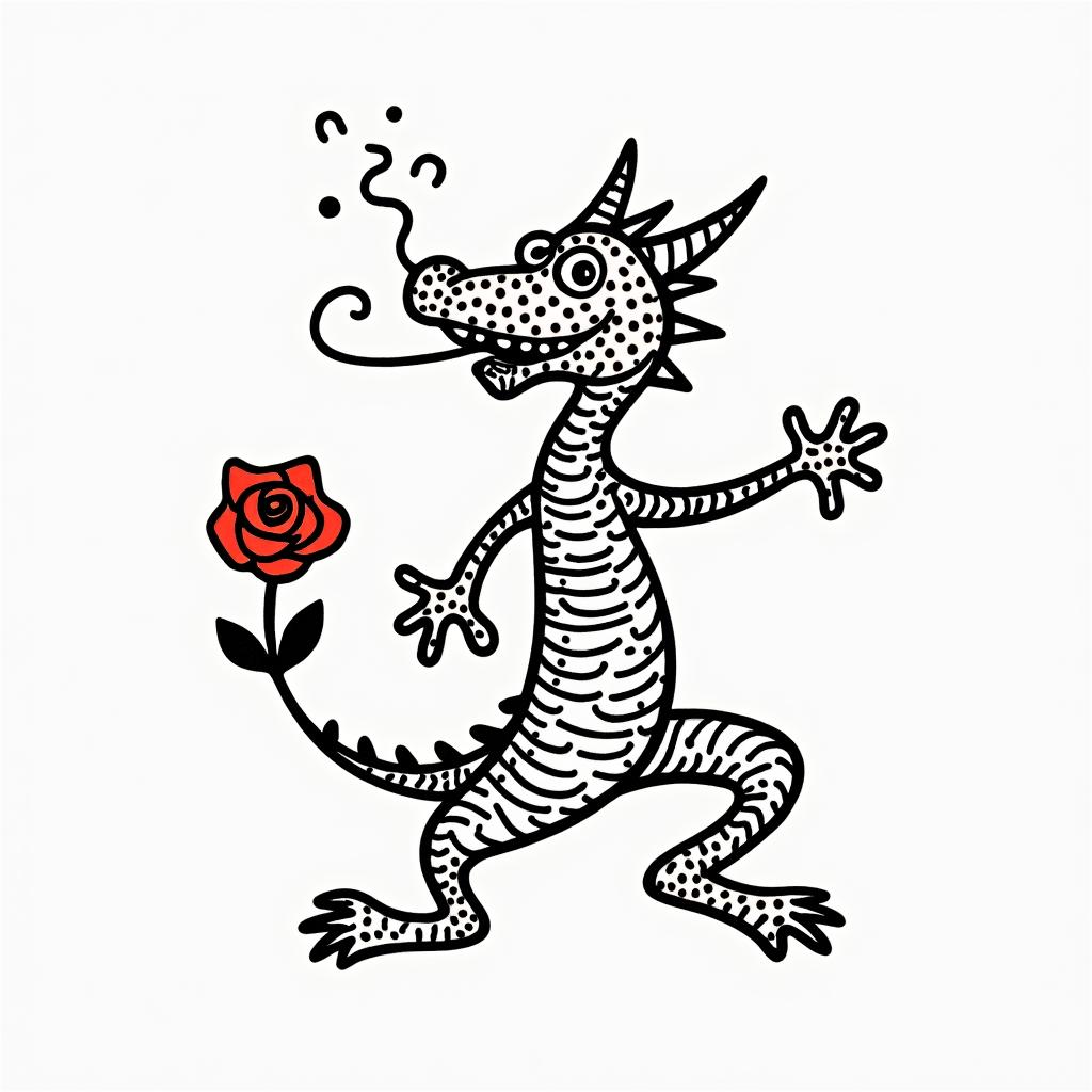Dragon with a roseabstract dancing figures in Keith Haring style, featuring bold black outlines and solid color fills, figures posed in dynamic and playful dance movements, minimalist design