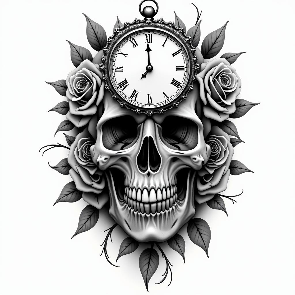 Skull with roses and clock elementsin realism tattoo style, featuring a highly detailed, lifelike, capturing every detail, photorealistic, ultra realistic, intricate shading, smooth and sharp, - Variation 4