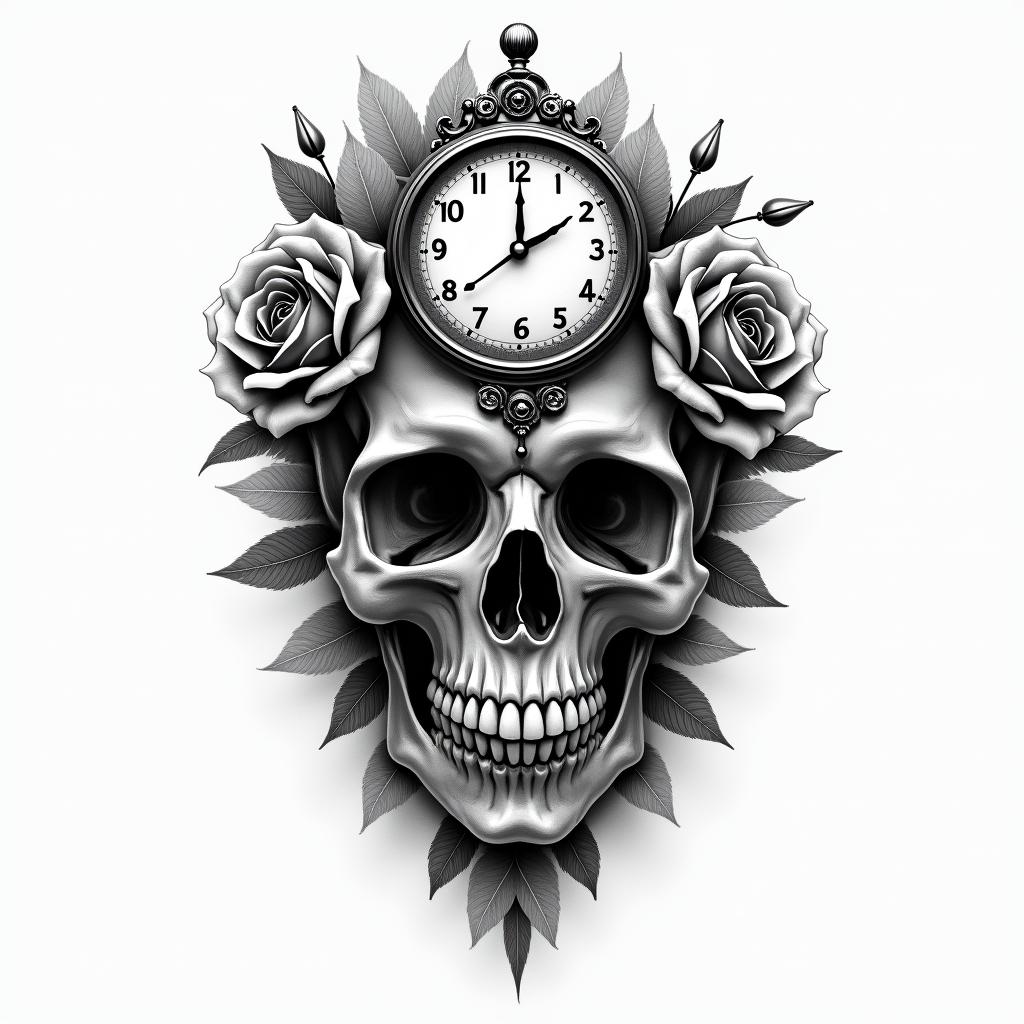 Skull with roses and clock elementsin realism tattoo style, featuring a highly detailed, lifelike, capturing every detail, photorealistic, ultra realistic, intricate shading, smooth and sharp, - Variation 2