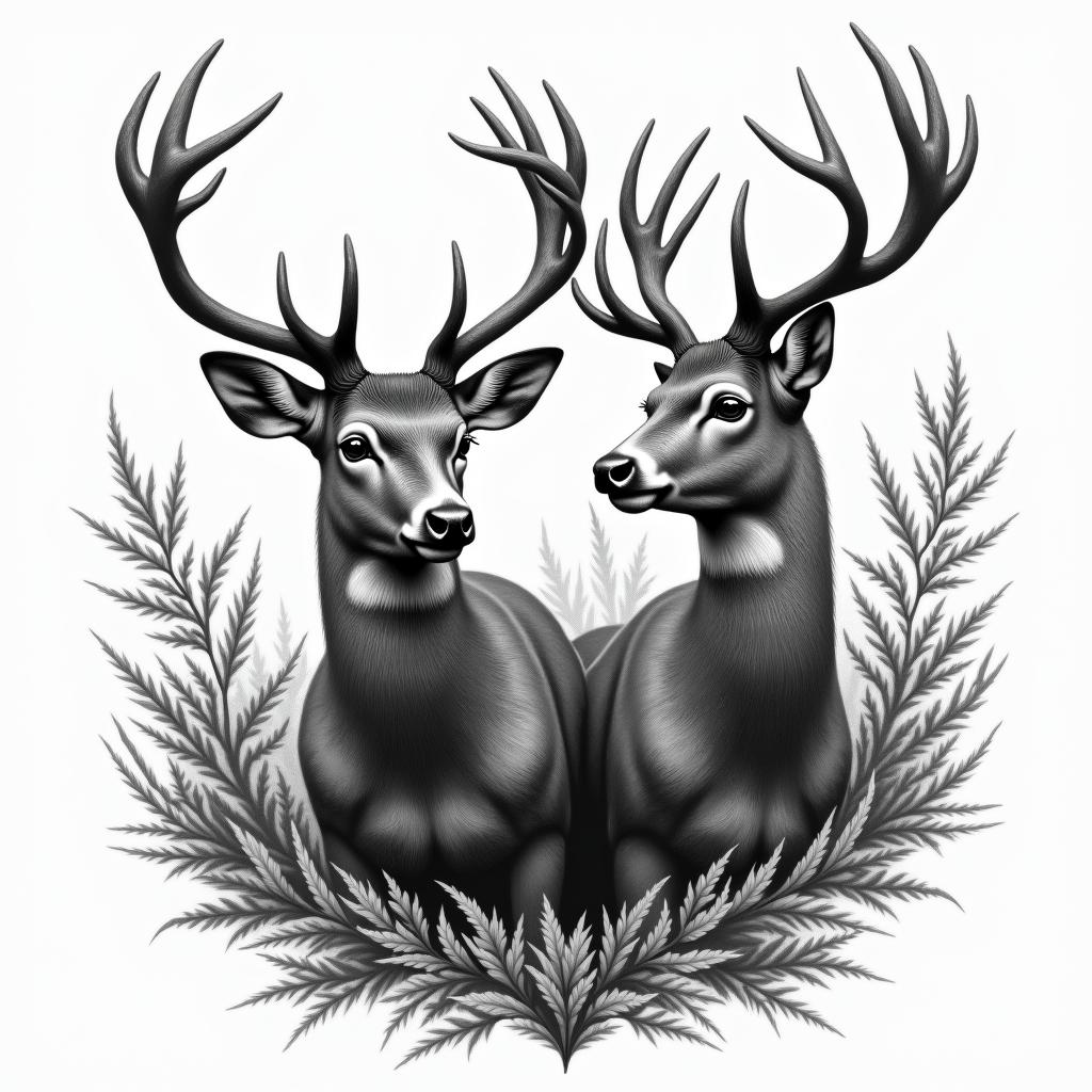 Buck and doe deer in woodsin portrait tattoo style, featuring a highly realistic and detailed depiction - Variation 2