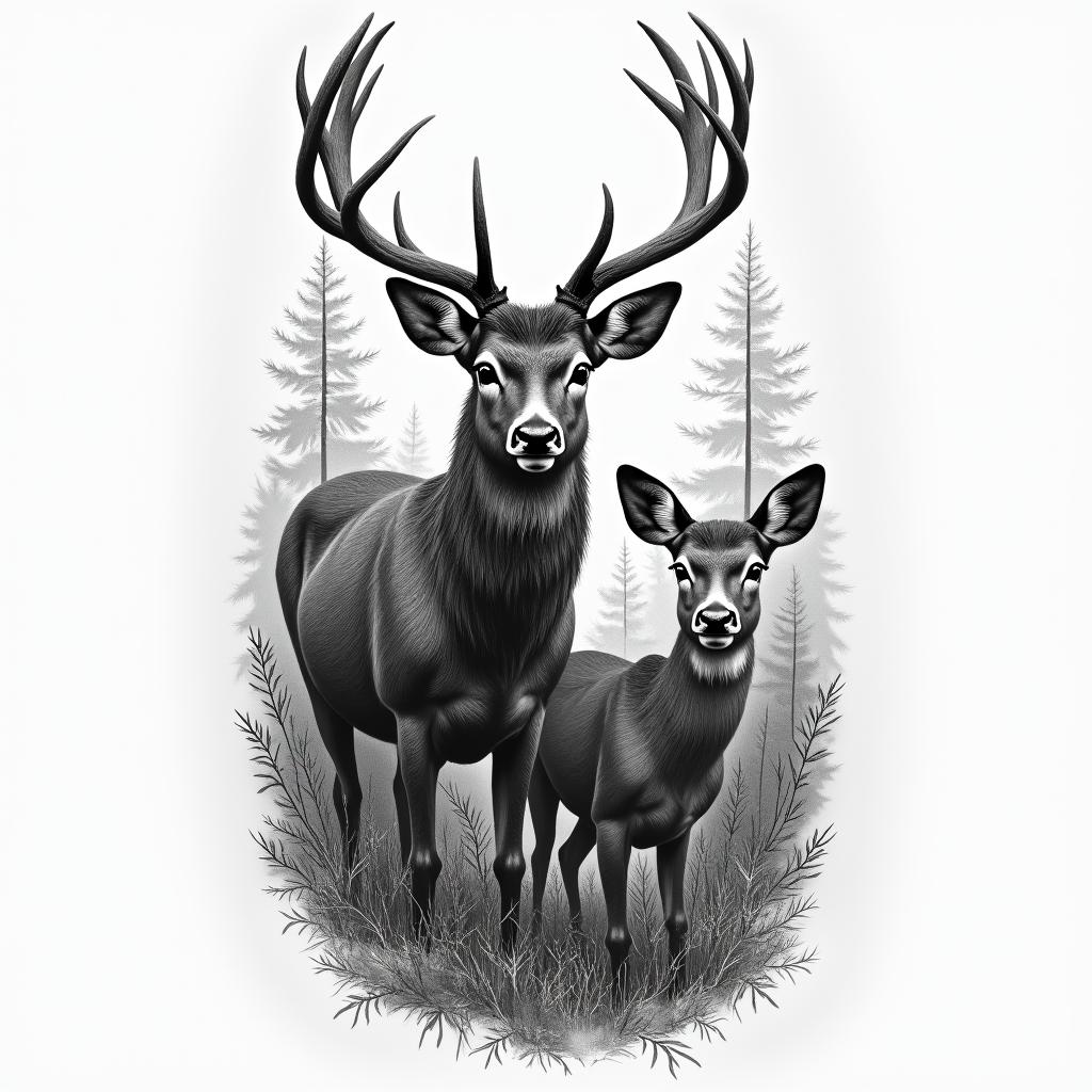 Buck and doe deer in woodsin portrait tattoo style, featuring a highly realistic and detailed depiction - Variation 3