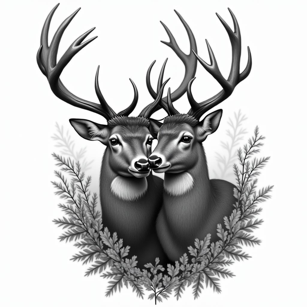 Buck and doe deer in woodsin portrait tattoo style, featuring a highly realistic and detailed depiction - Variation 4