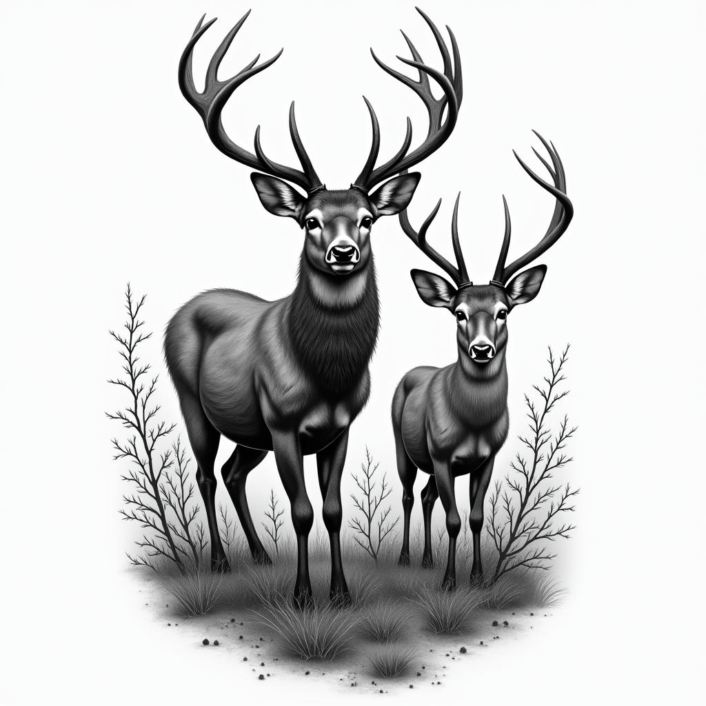 Buck and doe deer in woodsin portrait tattoo style, featuring a highly realistic and detailed depiction