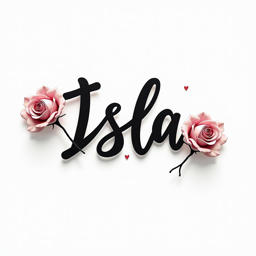 Isla orlain elegant cursive calligraphy style 2d tattoo, decorate with roses, featuring a smooth and flowing handwritten script with slightly thickened strokes for a luxurious and bold appearance, heart symbol between names, sleek and glossy black text with shadowing, minimalist matte white background, clean and sharp edges, illuminated with soft lighting, romantic, 8k, high-quality textures with refined typography - Variation 6