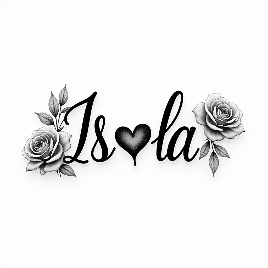 Isla orlain elegant cursive calligraphy style 2d tattoo, decorate with roses, featuring a smooth and flowing handwritten script with slightly thickened strokes for a luxurious and bold appearance, heart symbol between names, sleek and glossy black text with shadowing, minimalist matte white background, clean and sharp edges, illuminated with soft lighting, romantic, 8k, high-quality textures with refined typography - Variation 7