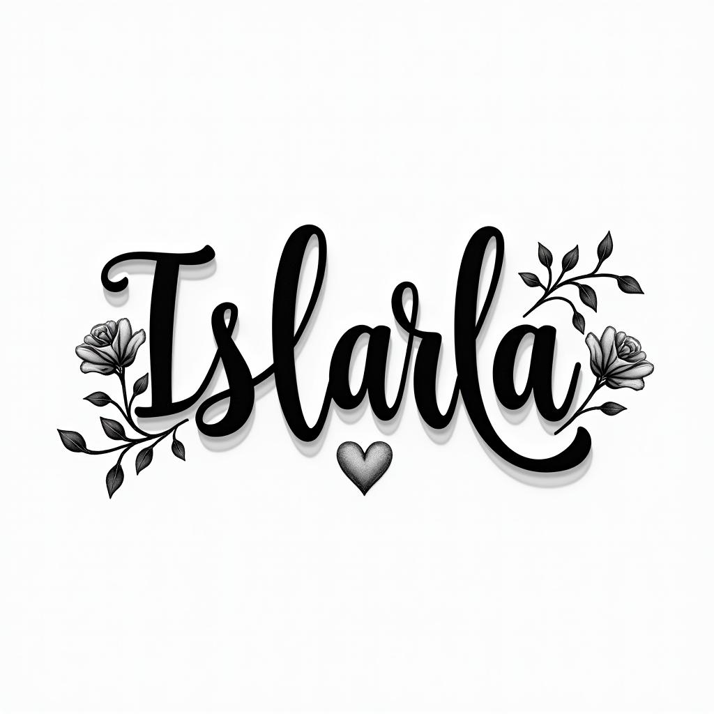Isla orlain elegant cursive calligraphy style 2d tattoo, decorate with roses, featuring a smooth and flowing handwritten script with slightly thickened strokes for a luxurious and bold appearance, heart symbol between names, sleek and glossy black text with shadowing, minimalist matte white background, clean and sharp edges, illuminated with soft lighting, romantic, 8k, high-quality textures with refined typography - Variation 8