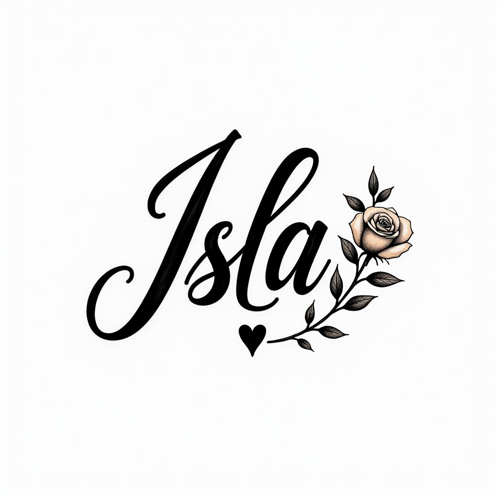 Isla orlain elegant cursive calligraphy style 2d tattoo, decorate with roses, featuring a smooth and flowing handwritten script with slightly thickened strokes for a luxurious and bold appearance, heart symbol between names, sleek and glossy black text with shadowing, minimalist matte white background, clean and sharp edges, illuminated with soft lighting, romantic, 8k, high-quality textures with refined typography - Variation 5