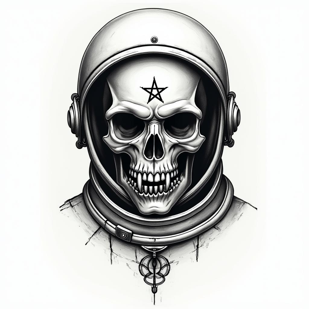 Space skull astronautcreepy horror tattoo style, featuring an eerie and unsettling skull of a demonic creature, distorted face with sharp fangs, add pentagram symbol - Variation 6