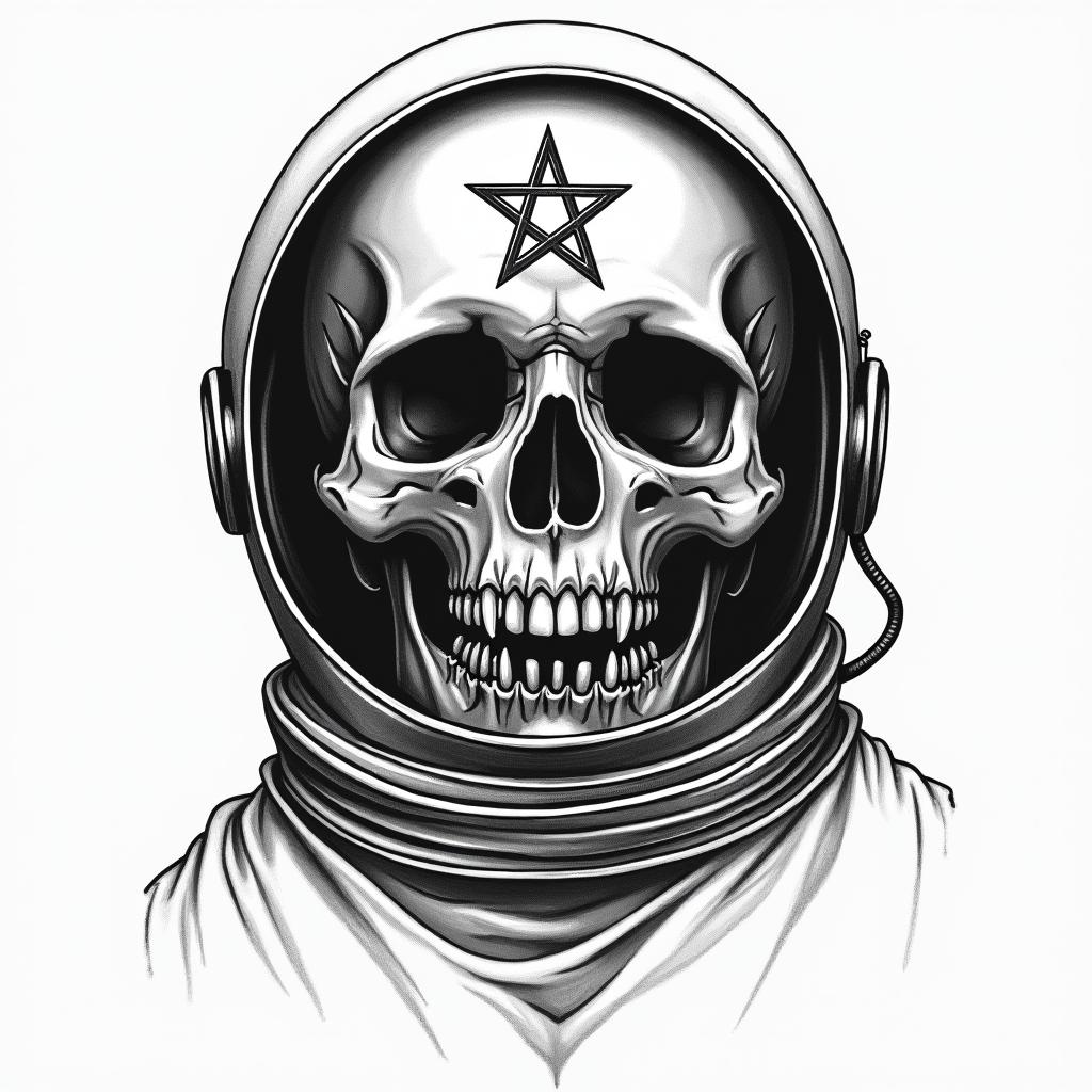 Space skull astronautcreepy horror tattoo style, featuring an eerie and unsettling skull of a demonic creature, distorted face with sharp fangs, add pentagram symbol - Variation 5