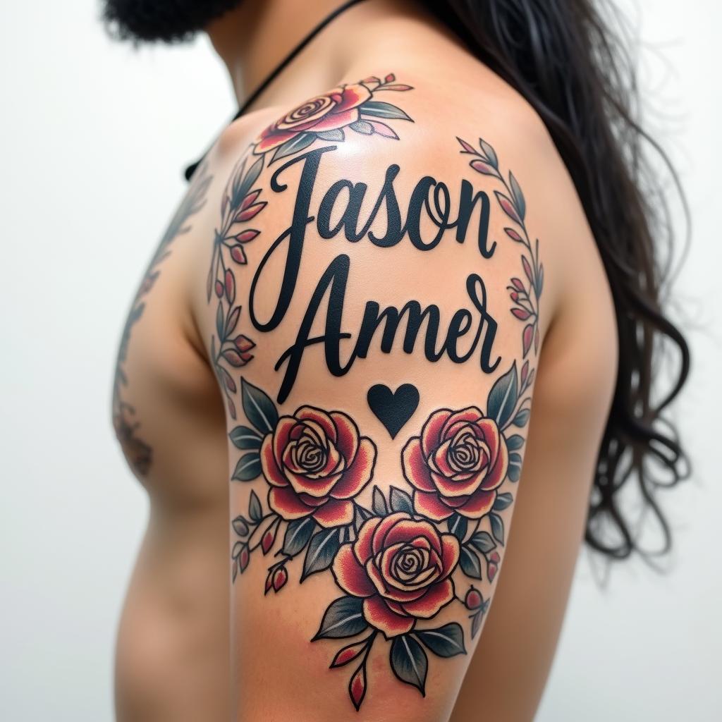 Jason & Amberin elegant cursive calligraphy style 2d tattoo, decorate with roses, featuring a smooth and flowing handwritten script with slightly thickened strokes for a luxurious and bold appearance,  heart symbol between names,  sleek and glossy black text with shadowing, minimalist matte white background, clean and sharp edges, illuminated with soft lighting, romantic, 8k, high-quality textures with refined typography - Variation 4