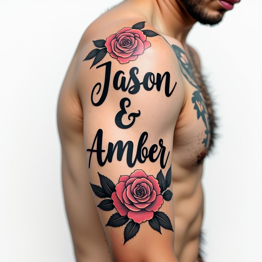 Jason & Amberin elegant cursive calligraphy style 2d tattoo, decorate with roses, featuring a smooth and flowing handwritten script with slightly thickened strokes for a luxurious and bold appearance,  heart symbol between names,  sleek and glossy black text with shadowing, minimalist matte white background, clean and sharp edges, illuminated with soft lighting, romantic, 8k, high-quality textures with refined typography